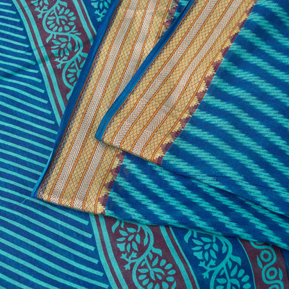Sanskriti Vintage Saree Blue Saree 100% Pure Cotton Leheria Hand Block Printed Slating Lines 5+Yd Golden Woven Border Ecofriendly Sari