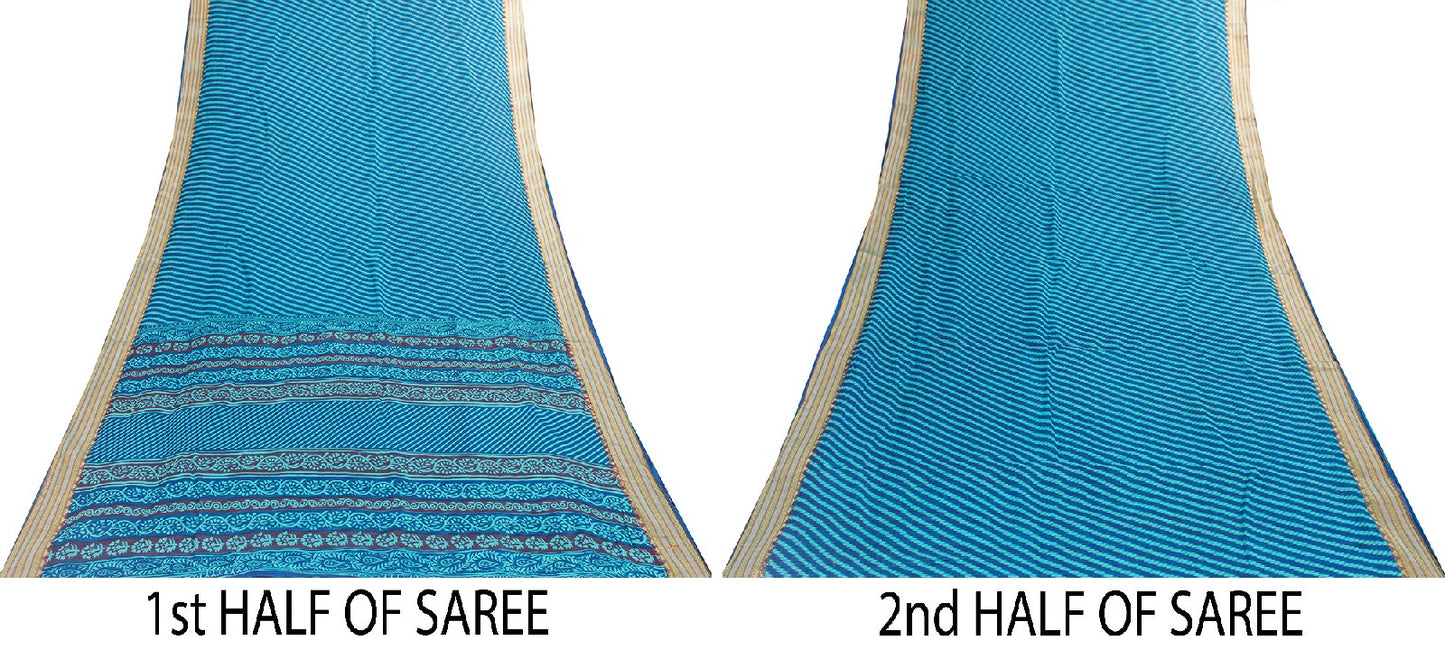 Sanskriti Vintage Saree Blue Saree 100% Pure Cotton Leheria Hand Block Printed Slating Lines 5+Yd Golden Woven Border Ecofriendly Sari