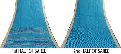 Sanskriti Vintage Saree Blue Saree 100% Pure Cotton Leheria Hand Block Printed Slating Lines 5+Yd Golden Woven Border Ecofriendly Sari