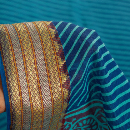 Sanskriti Vintage Saree Blue Saree 100% Pure Cotton Leheria Hand Block Printed Slating Lines 5+Yd Golden Woven Border Ecofriendly Sari