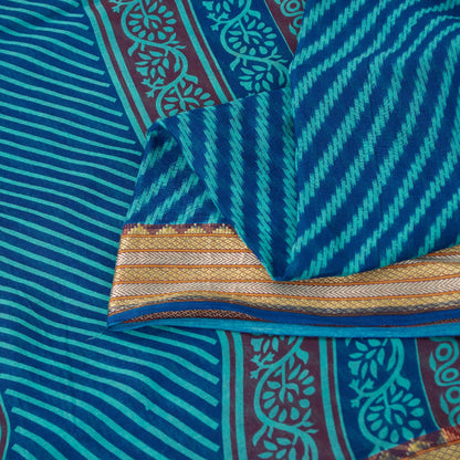 Sanskriti Vintage Saree Blue Saree 100% Pure Cotton Leheria Hand Block Printed Slating Lines 5+Yd Golden Woven Border Ecofriendly Sari