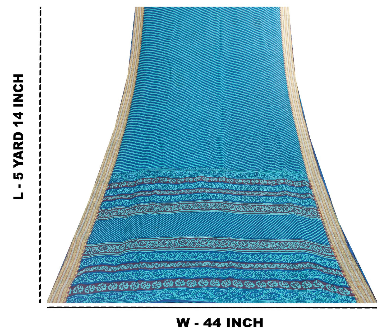 Sanskriti Vintage Saree Blue Saree 100% Pure Cotton Leheria Hand Block Printed Slating Lines 5+Yd Golden Woven Border Ecofriendly Sari