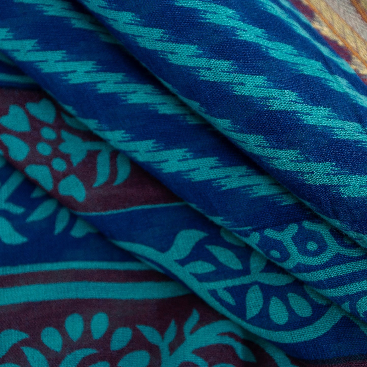 Sanskriti Vintage Saree Blue Saree 100% Pure Cotton Leheria Hand Block Printed Slating Lines 5+Yd Golden Woven Border Ecofriendly Sari
