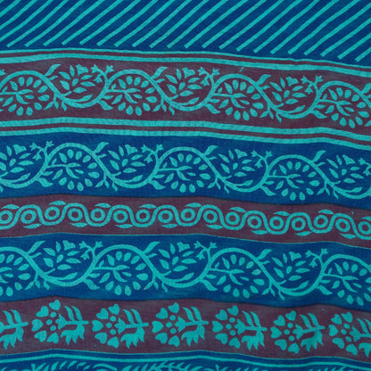 Sanskriti Vintage Saree Blue Saree 100% Pure Cotton Leheria Hand Block Printed Slating Lines 5+Yd Golden Woven Border Ecofriendly Sari