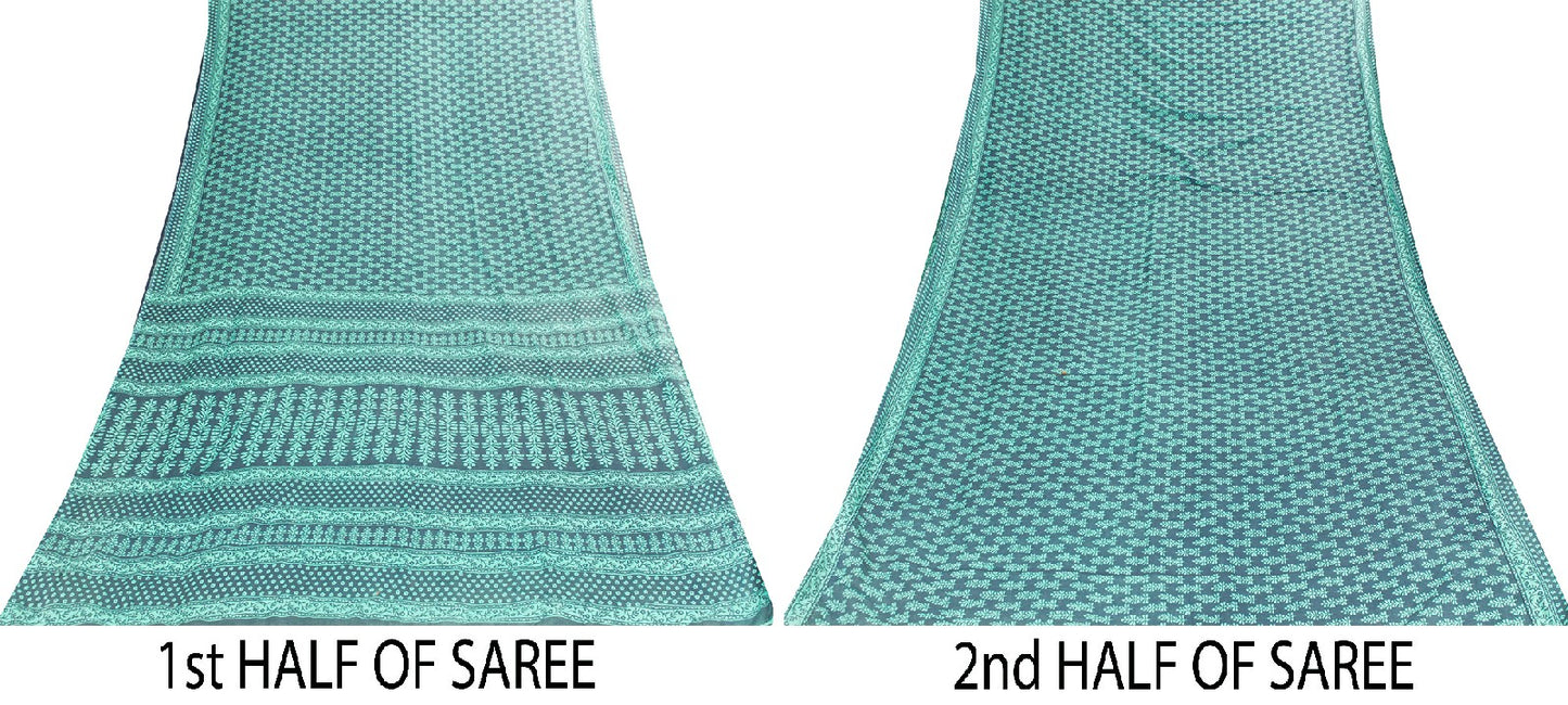 Sanskriti Vintage Sarees Blue Pure Cotton Hand Block Print Floral India5+YD Sari