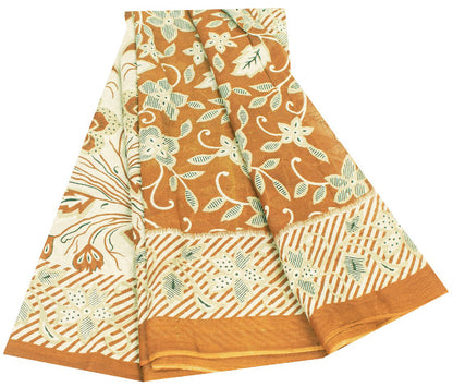 Sanskriti Vintage Sarees Brown Pure Cotton Floral Printed 5+YD Sari Boho Fabric