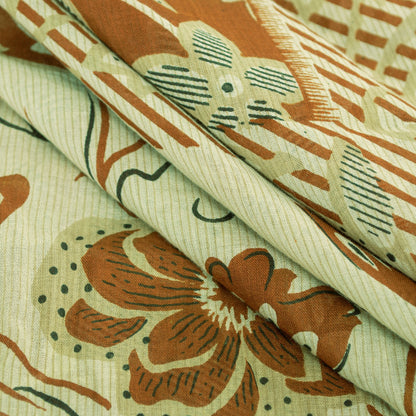 Sanskriti Vintage Sarees Brown Pure Cotton Floral Printed 5+YD Sari Boho Fabric