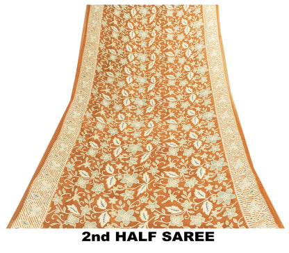 Sanskriti Vintage Sarees Brown Pure Cotton Floral Printed 5+YD Sari Boho Fabric