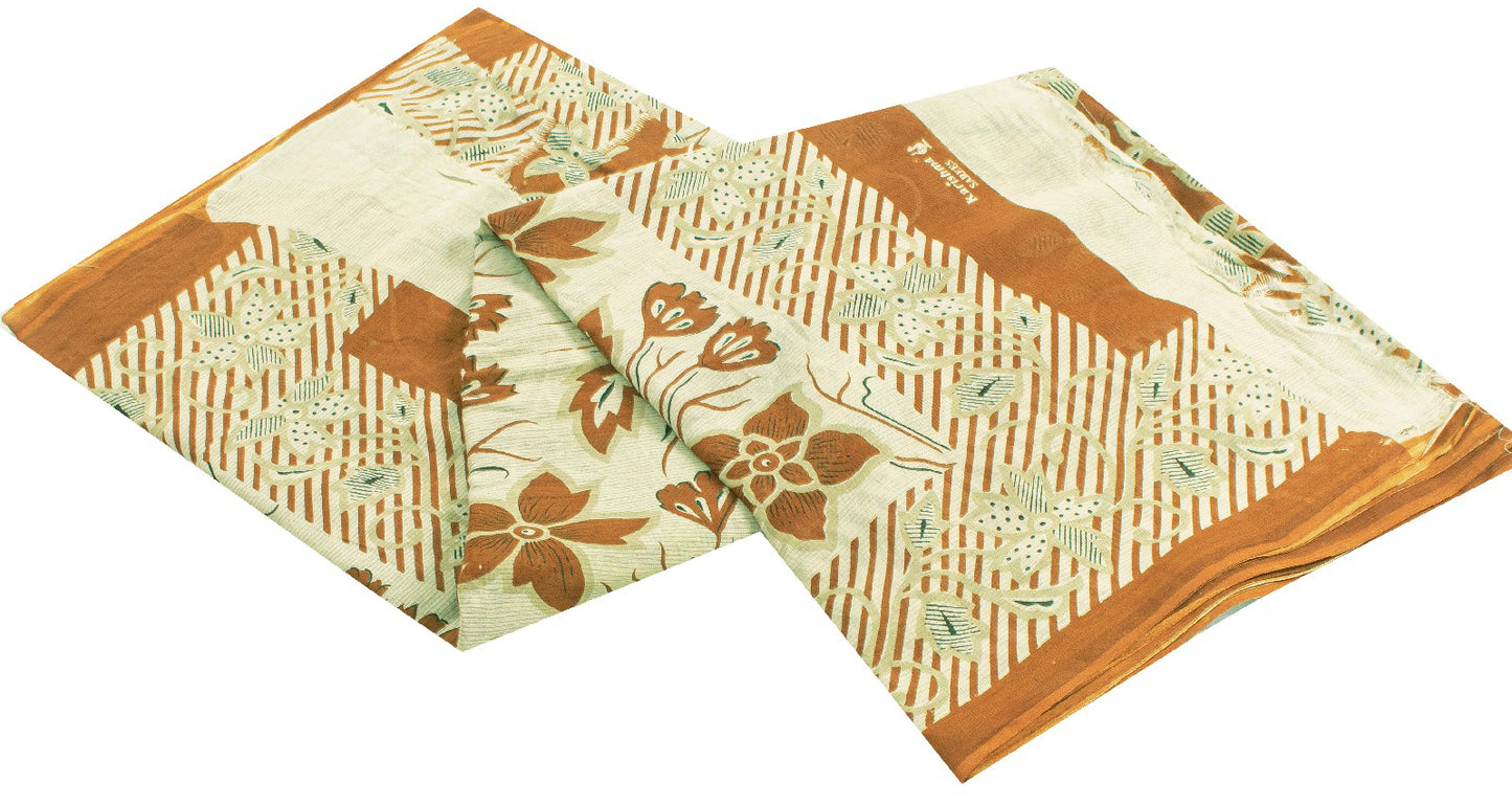 Sanskriti Vintage Sarees Brown Pure Cotton Floral Printed 5+YD Sari Boho Fabric