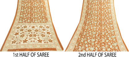 Sanskriti Vintage Sarees Brown Pure Cotton Floral Printed 5+YD Sari Boho Fabric