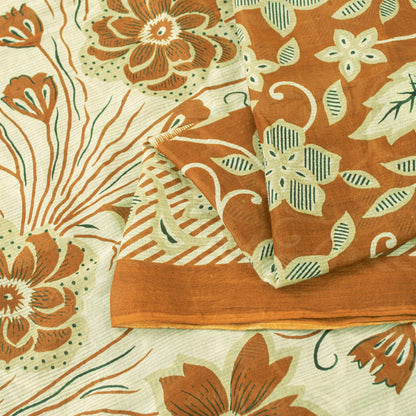 Sanskriti Vintage Sarees Brown Pure Cotton Floral Printed 5+YD Sari Boho Fabric