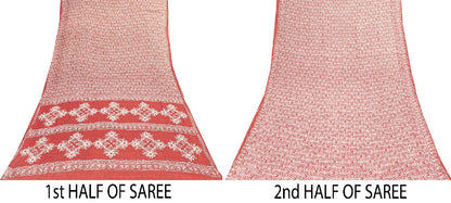 Sanskriti Vintage Sarees Red 100%Pure Cotton Floral Print 5+YD Sari For Crafters