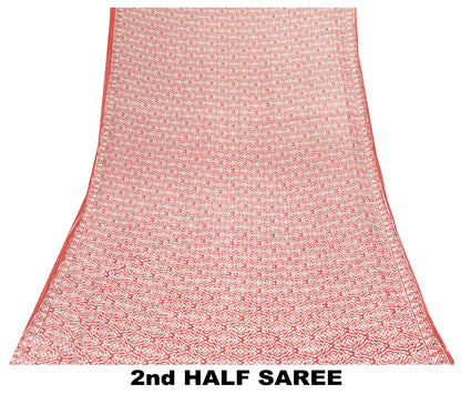 Sanskriti Vintage Sarees Red 100%Pure Cotton Floral Print 5+YD Sari For Crafters