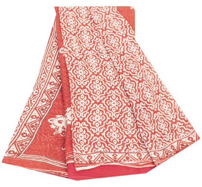 Sanskriti Vintage Sarees Red 100%Pure Cotton Floral Print 5+YD Sari For Crafters
