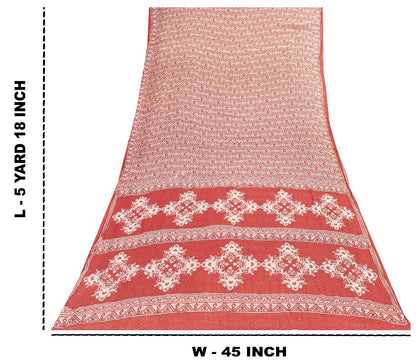 Sanskriti Vintage Sarees Red 100%Pure Cotton Floral Print 5+YD Sari For Crafters