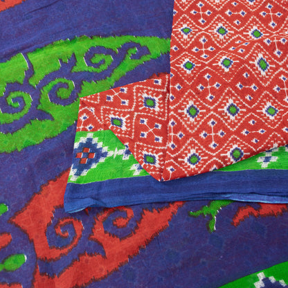 Sanskriti Vintage Sarees Red Pure Cotton Ikat Patola Geometric Printed 5+YD Sari