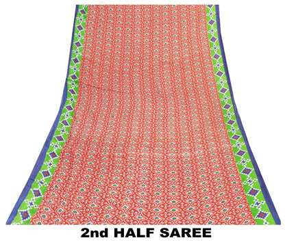 Sanskriti Vintage Sarees Red Pure Cotton Ikat Patola Geometric Printed 5+YD Sari