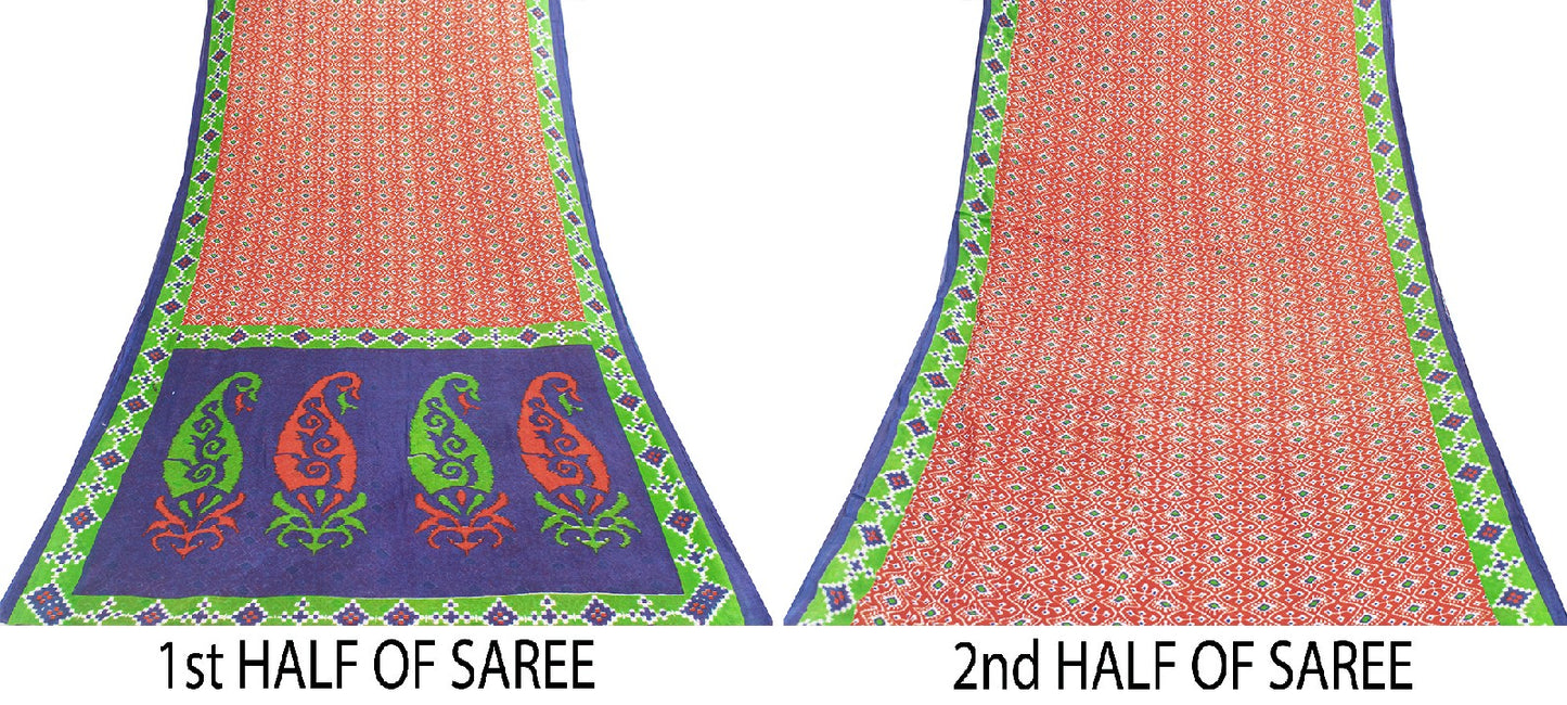 Sanskriti Vintage Sarees Red Pure Cotton Ikat Patola Geometric Printed 5+YD Sari