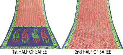 Sanskriti Vintage Sarees Red Pure Cotton Ikat Patola Geometric Printed 5+YD Sari