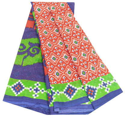 Sanskriti Vintage Sarees Red Pure Cotton Ikat Patola Geometric Printed 5+YD Sari