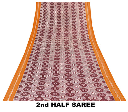 Sanskriti Vintage Sarees Dark Red 100%Pure Cotton Geometric Ikat Print 5+YD Sari