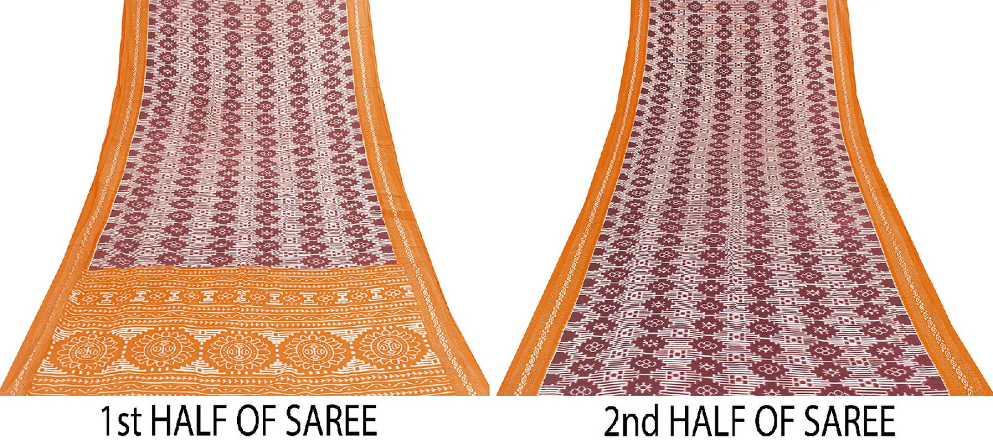 Sanskriti Vintage Sarees Dark Red 100%Pure Cotton Geometric Ikat Print 5+YD Sari