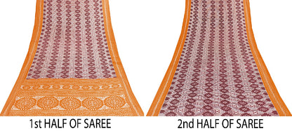 Sanskriti Vintage Sarees Dark Red 100%Pure Cotton Geometric Ikat Print 5+YD Sari