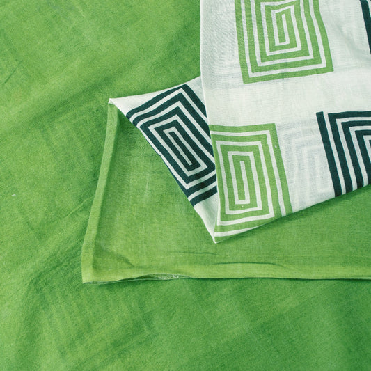 Sanskriti Vintage Sarees Green & Ivory 100%Pure Cotton Geometric Print 5+YD Sari