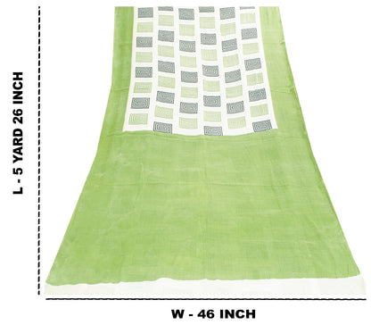 Sanskriti Vintage Sarees Green & Ivory 100%Pure Cotton Geometric Print 5+YD Sari