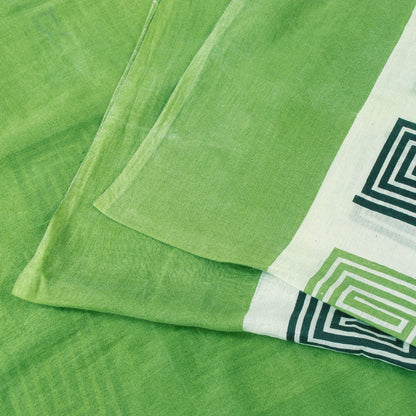 Sanskriti Vintage Sarees Green & Ivory 100%Pure Cotton Geometric Print 5+YD Sari