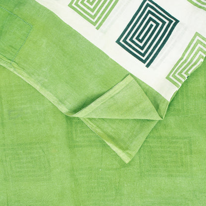 Sanskriti Vintage Sarees Green & Ivory 100%Pure Cotton Geometric Print 5+YD Sari
