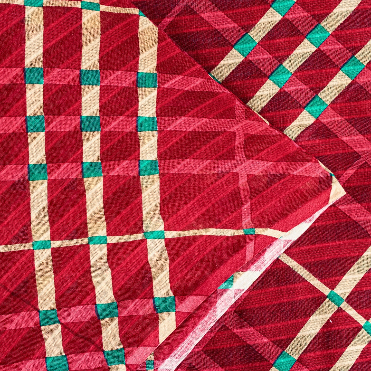 Sanskriti Vintage Red-Green Pure Cotton Sarees 5.5YD Fabric Geometric Print Sari
