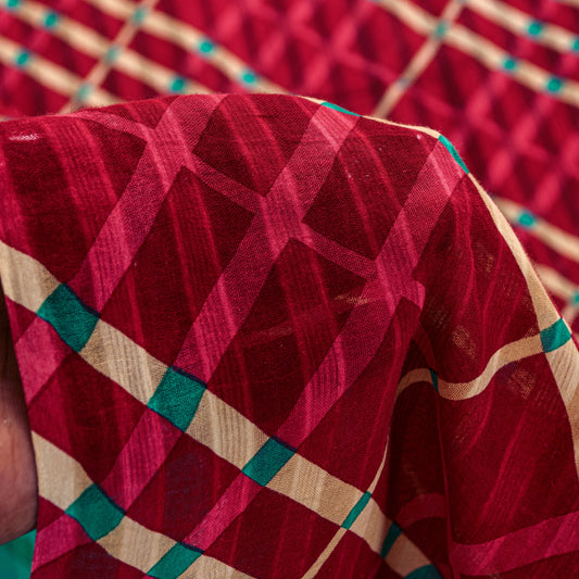 Sanskriti Vintage Red-Green Pure Cotton Sarees 5.5YD Fabric Geometric Print Sari