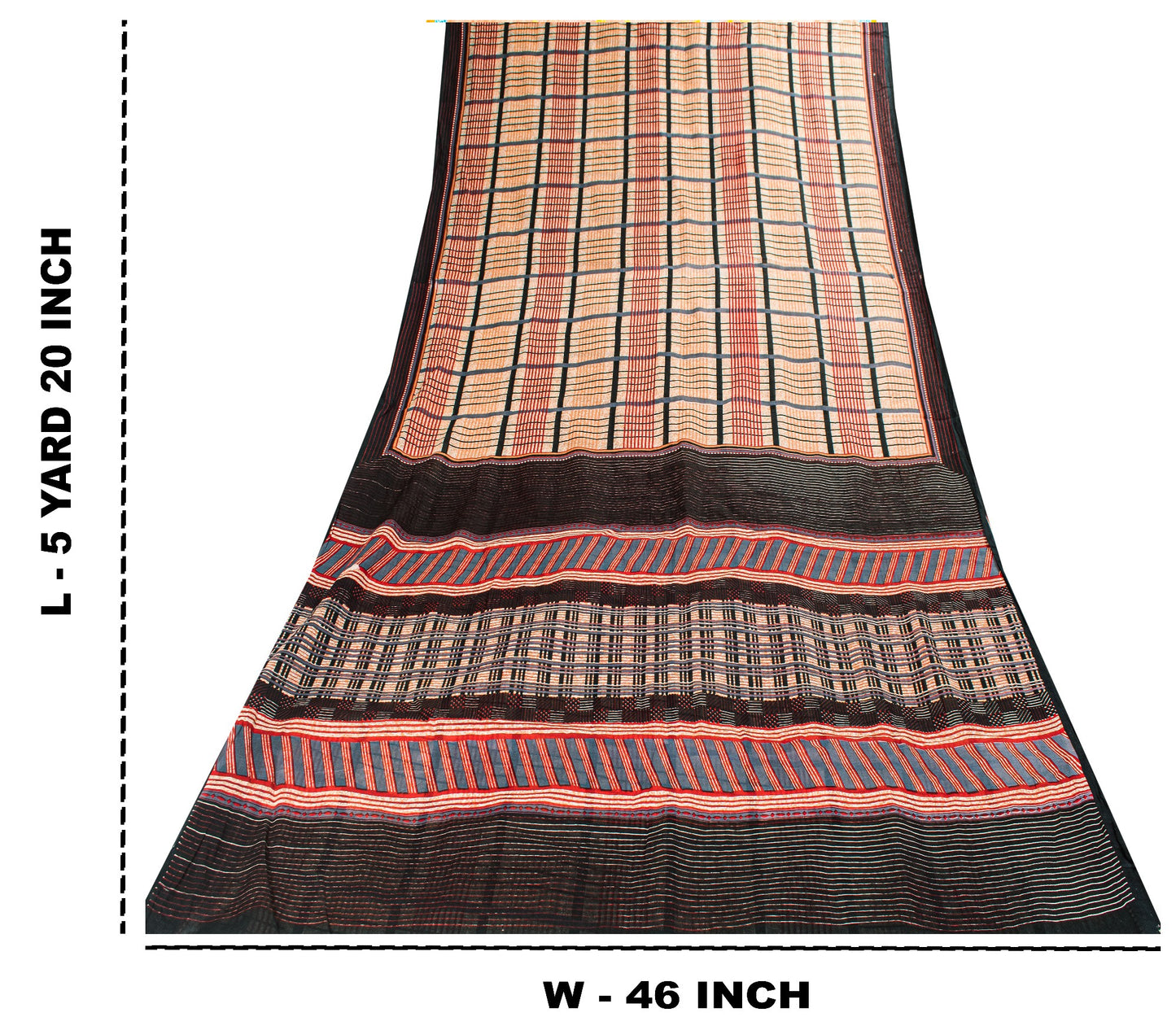 Sanskriti Vintage Cream Pure Cotton Sarees 5.5+YD Fabric Check Line Printed Sari