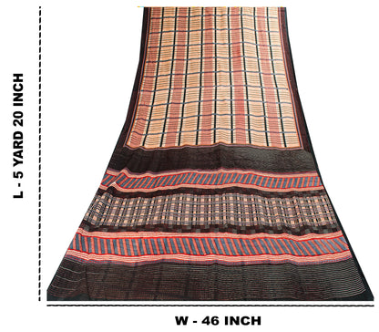 Sanskriti Vintage Cream Pure Cotton Sarees 5.5+YD Fabric Check Line Printed Sari