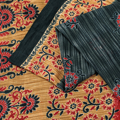 Sanskriti Vintage Black & Brown Pure Cotton Sarees Fabric 5+YD Floral Print Sari
