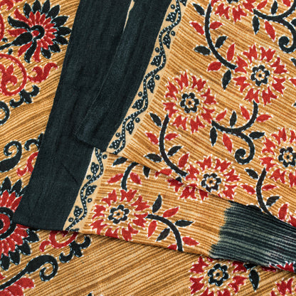 Sanskriti Vintage Black & Brown Pure Cotton Sarees Fabric 5+YD Floral Print Sari