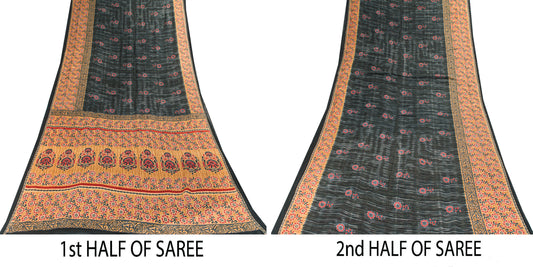 Sanskriti Vintage Black & Brown Pure Cotton Sarees Fabric 5+YD Floral Print Sari