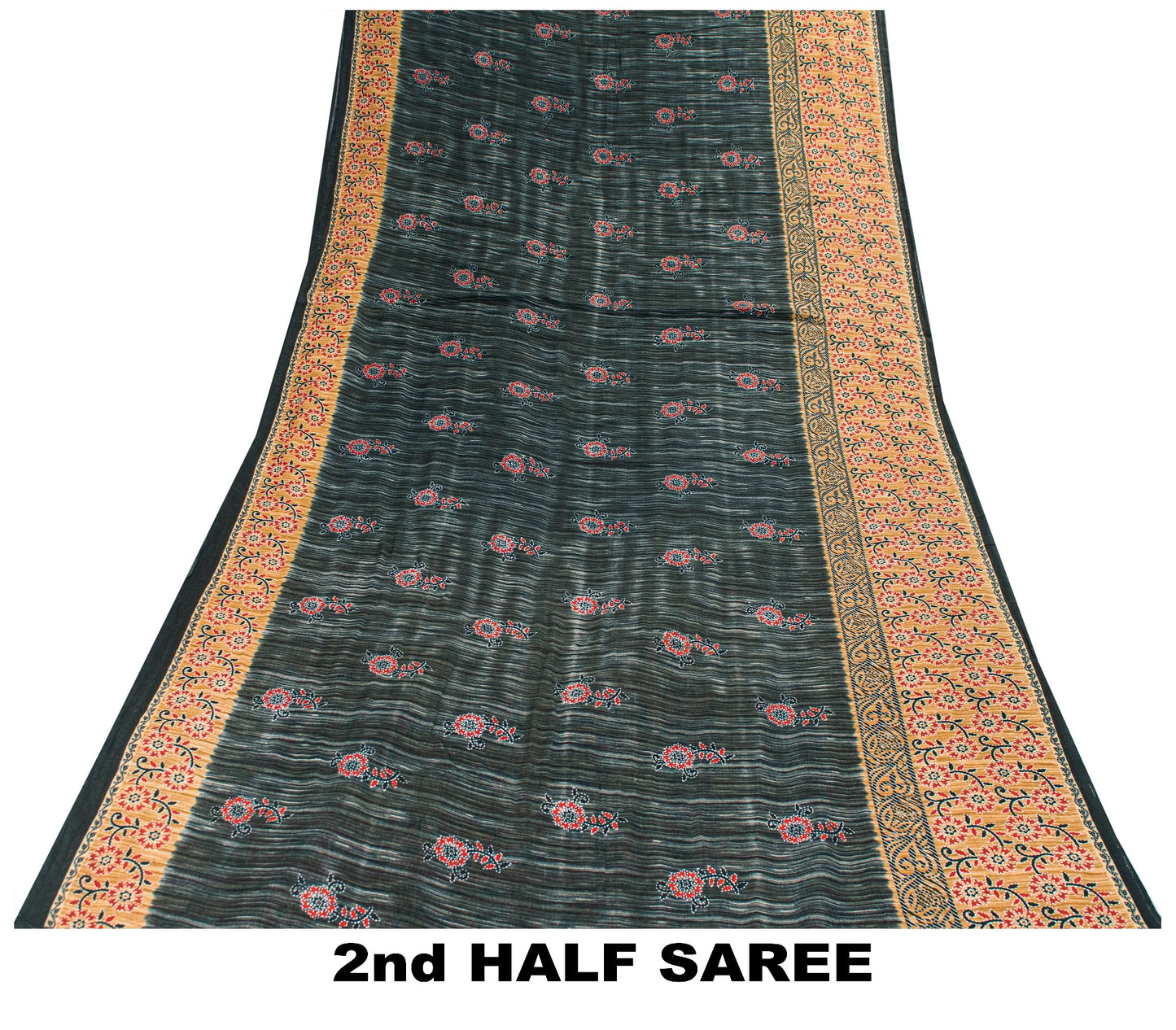 Sanskriti Vintage Black & Brown Pure Cotton Sarees Fabric 5+YD Floral Print Sari