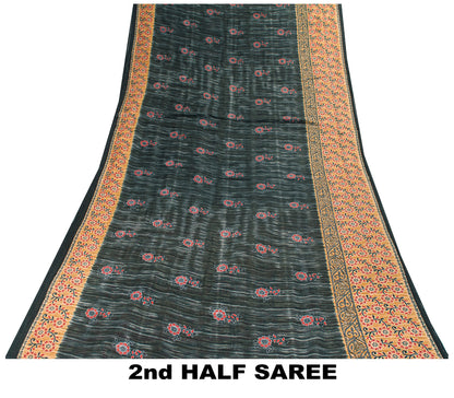 Sanskriti Vintage Black & Brown Pure Cotton Sarees Fabric 5+YD Floral Print Sari
