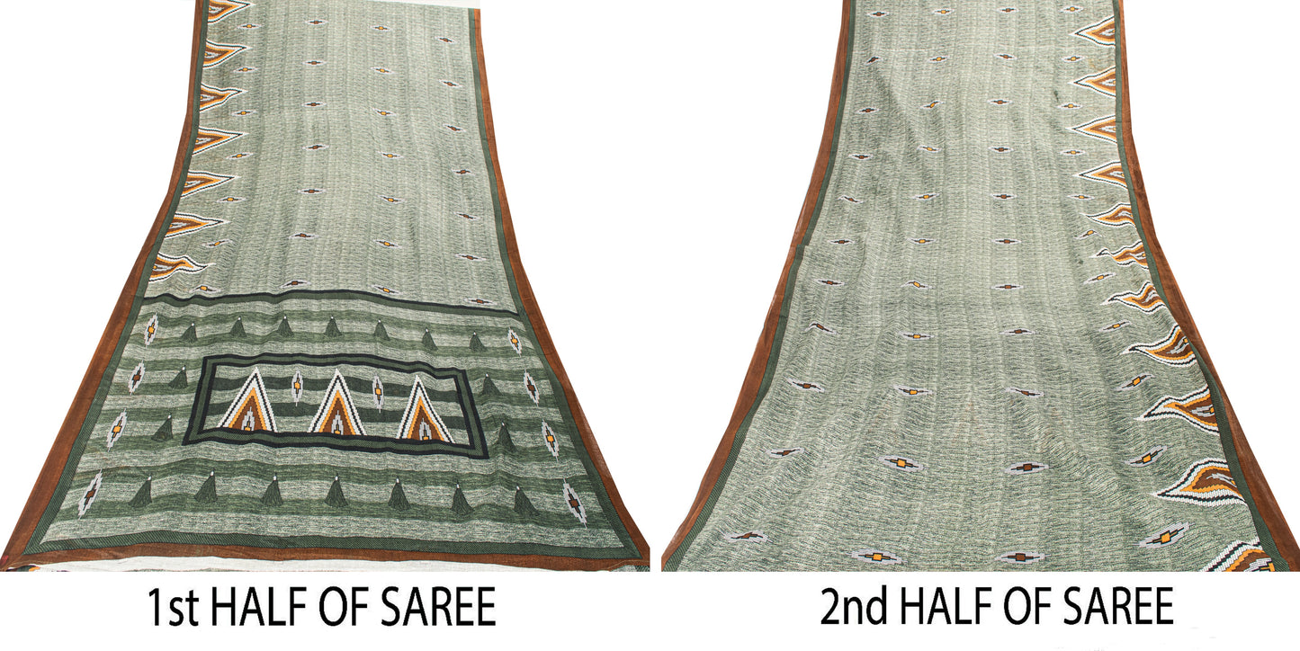 Sanskriti Vintage Green 100% Pure Cotton Sarees 5+YD Fabric Geometric Print Sari