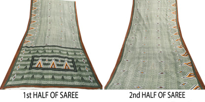 Sanskriti Vintage Green 100% Pure Cotton Sarees 5+YD Fabric Geometric Print Sari