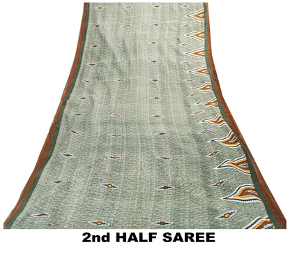 Sanskriti Vintage Green 100% Pure Cotton Sarees 5+YD Fabric Geometric Print Sari