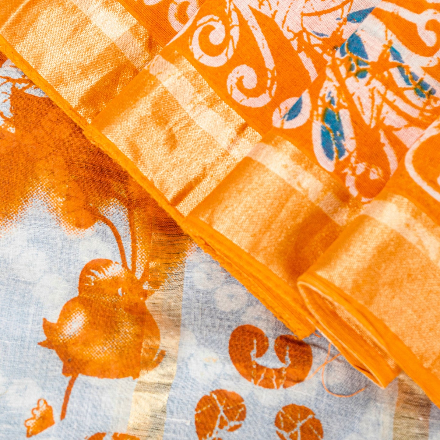 Sanskriti Vintage Blue-Orange Pure Cotton Sarees Bandhani Batik Print 5YD Fabric