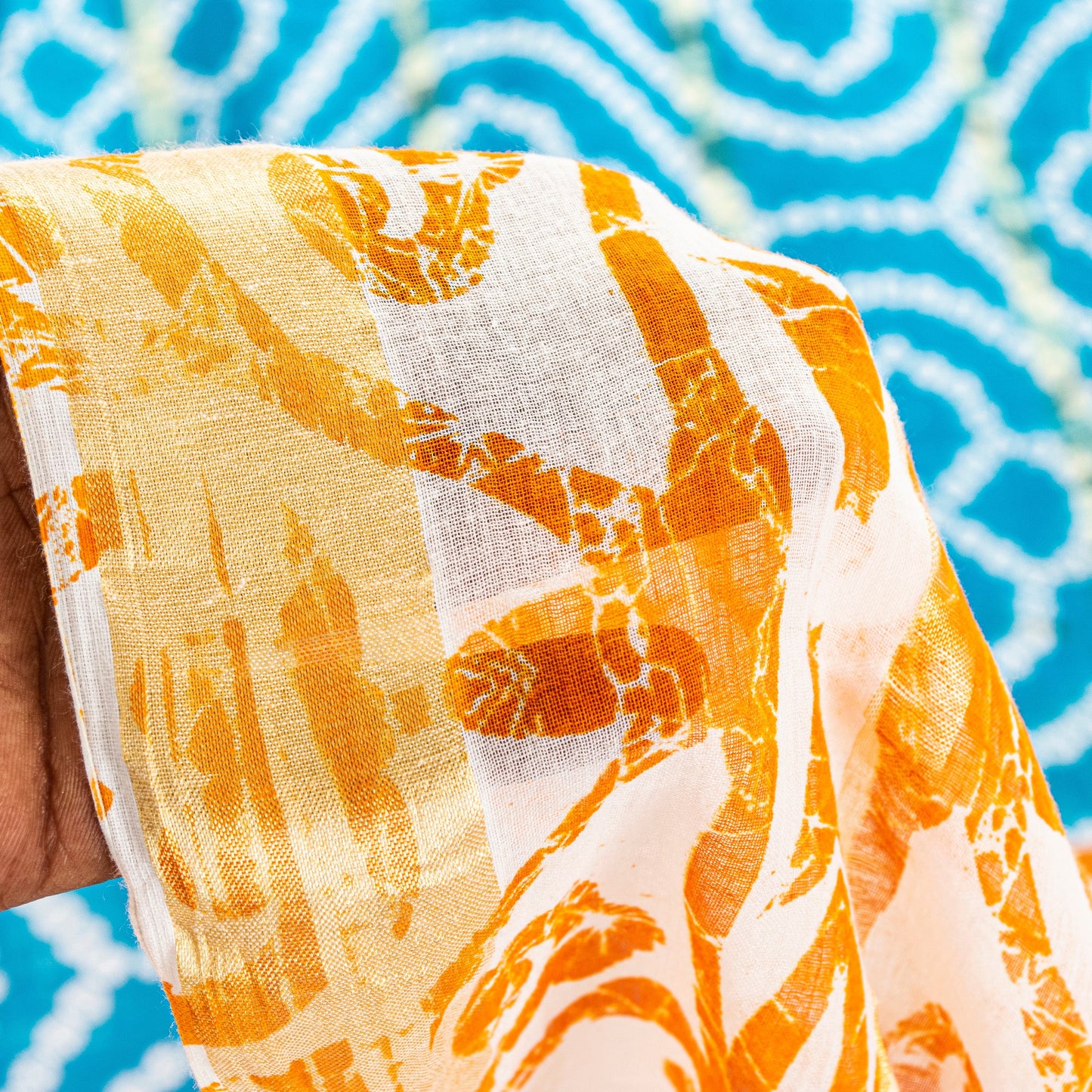 Sanskriti Vintage Blue-Orange Pure Cotton Sarees Bandhani Batik Print 5YD Fabric