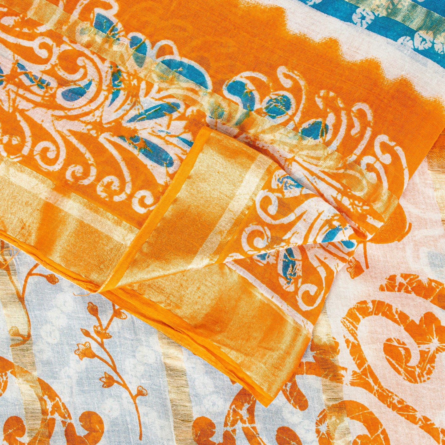 Sanskriti Vintage Blue-Orange Pure Cotton Sarees Bandhani Batik Print 5YD Fabric