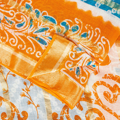 Sanskriti Vintage Blue-Orange Pure Cotton Sarees Bandhani Batik Print 5YD Fabric