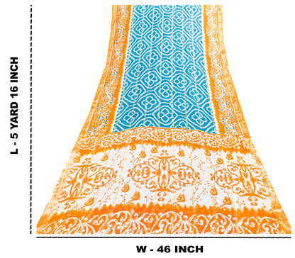 Sanskriti Vintage Blue-Orange Pure Cotton Sarees Bandhani Batik Print 5YD Fabric