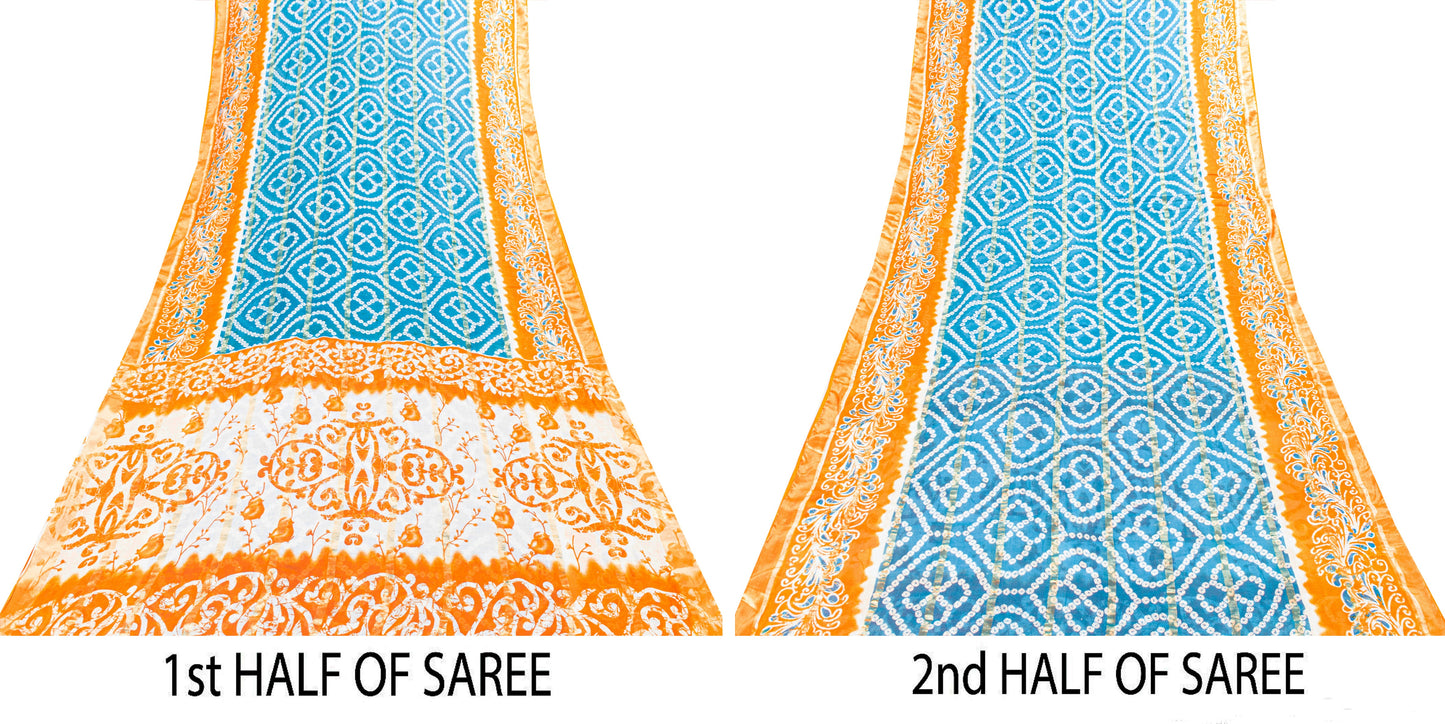 Sanskriti Vintage Blue-Orange Pure Cotton Sarees Bandhani Batik Print 5YD Fabric