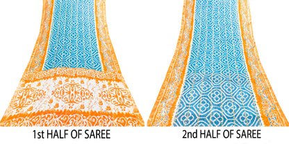Sanskriti Vintage Blue-Orange Pure Cotton Sarees Bandhani Batik Print 5YD Fabric